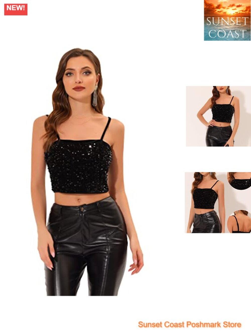 Sequined Velvet Crop Cami Top Spaghetti Strap Sleeveless Club Party Tank
